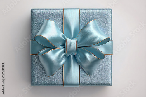 Holiday packaging. Blue box wrapped with a bow on white background. Jewelry, birthdays, Christmas and luxury branding.