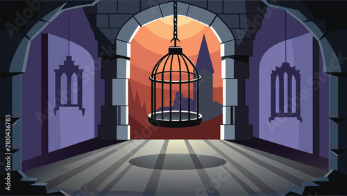 Empty hanging bird cage inside a dark stone castle archway with birdcage medieval architecture interior historical abandoned dramatic background conceptual imprisonment confinement fortress