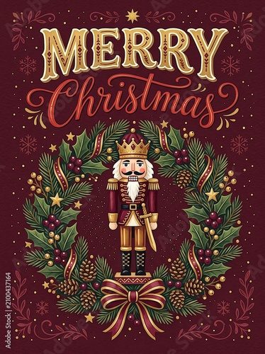 A vintage-style nutcracker soldier stands inside a lush green Christmas wreath, framed by snowflakes and hand-lettered 