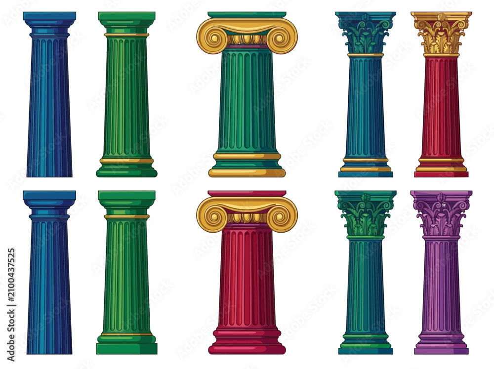Fototapeta premium Classic decorative pillars collection featuring various colorful architectural columns with ornate capitals isolated on a clean white background for design