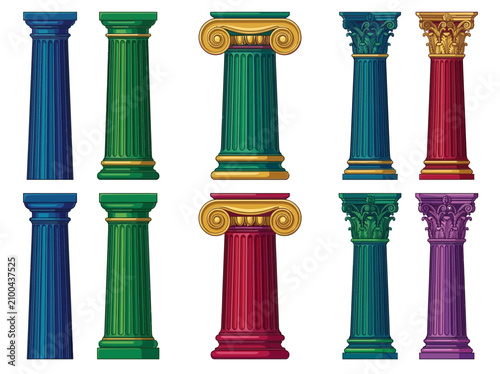 Classic decorative pillars collection featuring various colorful architectural columns with ornate capitals isolated on a clean white background for design