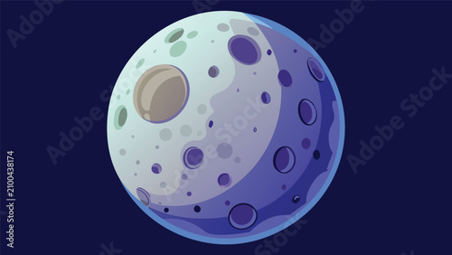 Photography Stylized illustration of a craters-covered moon against a dark blue atmosphere w