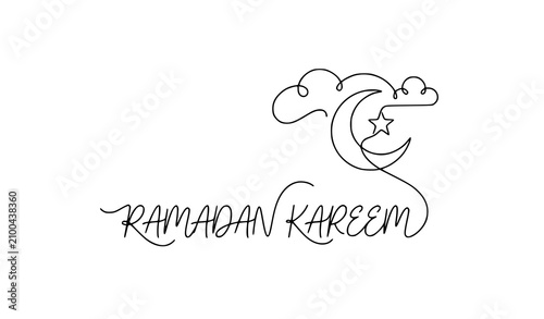 Canvas Print Minimalist Single Line Drawing of Ramadan Kareem Text with Moon Star and Clouds