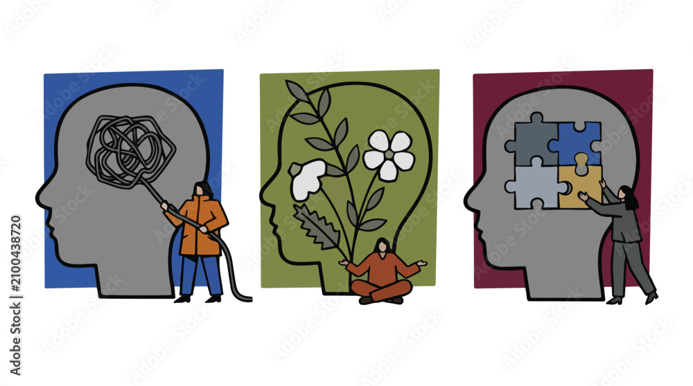 Fototapeta premium Mental health concept vector, psychological therapy and brain wellness illustration, human head profiles with puzzle and flowers for mindfulness
