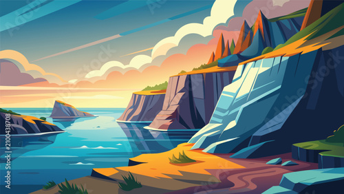 Foto Secluded coastal cove with rocky cliffs at sunset landscape shoreline outdoors p