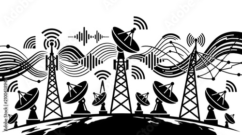 Wireless communication network infrastructure towers dishes and signal waves