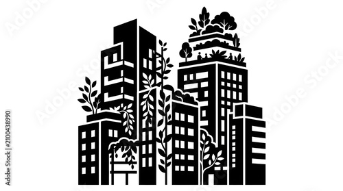 Urban oasis black and white illustration of cityscape with lush vegetation