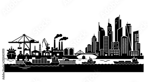 Industrial cityscape with harbor and shipping vessels black and white illustration