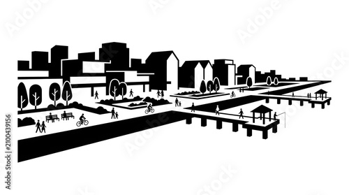 Minimalist black and white cityscape with pedestrians and cyclists
