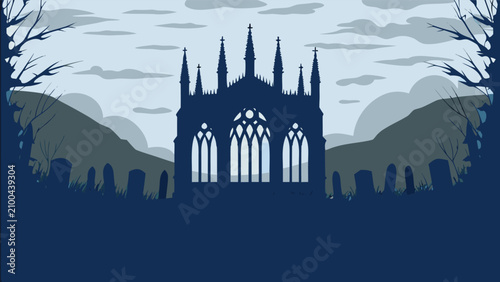 Bild auf Leinwand Gothic mausoleum and graveyard silhouettes against a light blue moody sky with m