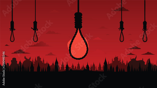 Foto Silhouette of multiple hangman nooses against a dramatic dark red sky at sunset