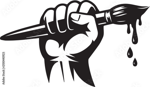 Strong hand holding a paint brush with dripping ink Vector, illustration
