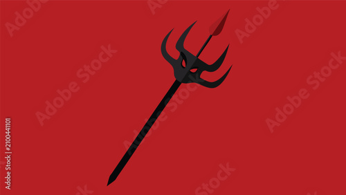 Foto Black devil trident with red accents on solid red background illustration silhou