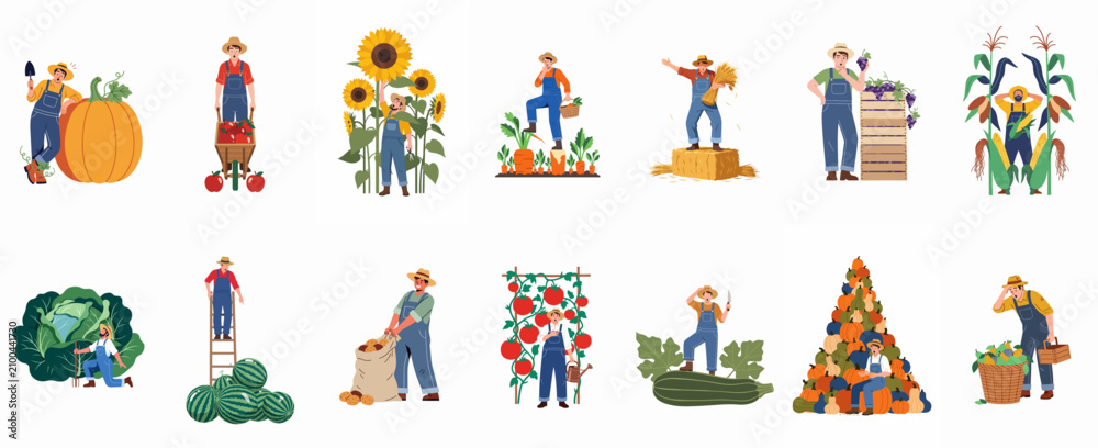 Fototapeta premium Collection of flat vector illustrations featuring farmers and gardeners harvesting oversized organic vegetables, fruits, and grains in a whimsical agricultural setting.