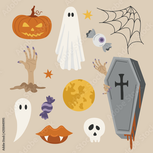 Hand-drawn Halloween illustrations, Jack-o-lantern pumpkin face, spider web, moon, skull, ghost, vampire lips, coffin, zombie hand