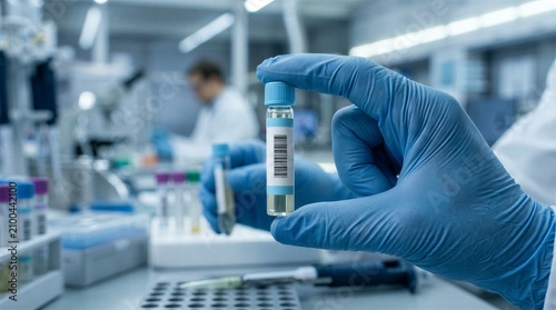 Scientist in Blue Gloves Holding Liquid Vial with Barcode Label in Blurred Laboratory Background, Medical Sample Identification Concept