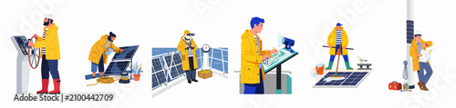 Obraz na płótnie Flat vector illustrations of sailors and maritime workers managing ship operations and renewable solar energy systems on a vessel
