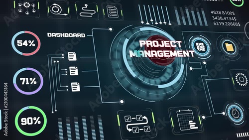 Futuristic project management dashboard display with glowing digital data charts and interactive financial analytics interface on a dark high tech background loop