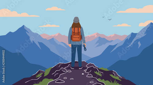 Fotografie Traveler standing on mountain peak, enjoying vast scenic landscape view