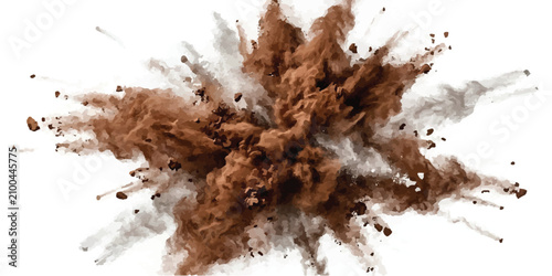 Bild auf Leinwand Erupting brown soil particles in mid air on white background with explosion part