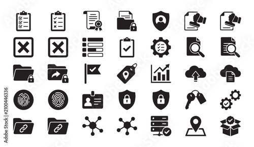 Data security and workflow black icons with security workflow business