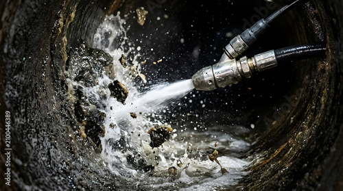 High-pressure water jetting nozzle cleaning a clogged sewer pipe removing fat and grease buildup in underground drainage system professional plumbing maintenance service industrial cleaning.