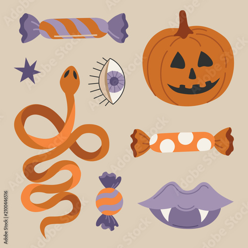 Hand-drawn Halloween spooky treats, candy set with sweets, vampire lips, snake and Jack-o-lantern pumpkin face for packaging