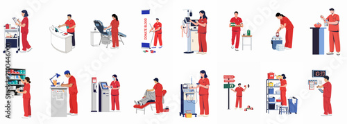 Принти на полотні Flat vector illustration set of medical professionals and nurses in red scrubs performing various blood donation and healthcare tasks