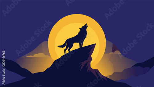 Silhouette of a howling wolf on a cliff against a giant yellow full moon with silhouette wilderness mountain landscape wildlife predator twilight background illustration mysterious majestic