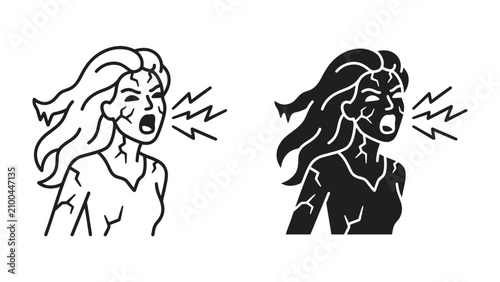 Foto Aggressive Expression: Two stylized illustrations of a woman with her hair blowing, screaming with her mouth open and abstract lines emanating outwards, conveying anger or intense emotion