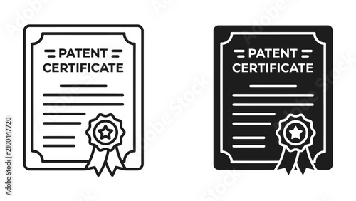 Принти на полотні Patent Certificate Icon: A digital illustration showcasing a patent certificate document with seals and ribbons, presented in both line art and solid black silhouette styles for versatile design use
