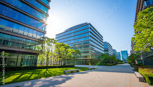 фотографія Modern corporate office buildings surrounded by greenery and pathways with build
