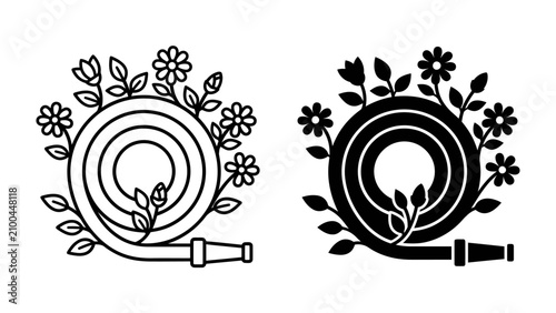 Bild auf Leinwand Garden Hose with Flowers Icon: A stylized graphic of a coiled garden hose entwined with blooming flowers and leaves, presented in both outline and silhouette versions