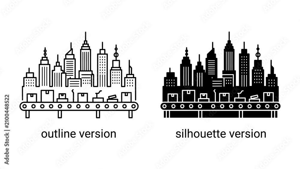 Fototapeta premium Factory Cityscape: A creative illustration depicts a cityscape composed of skyscrapers, integrated with a conveyor belt system carrying boxes, symbolizing industry and urban development.