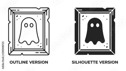 Foto Spooky Duo: A ghostly apparition framed within an ornate, textured border, presented in both outline and solid silhouette forms, evoking a sense of Halloween mystery and playful fright