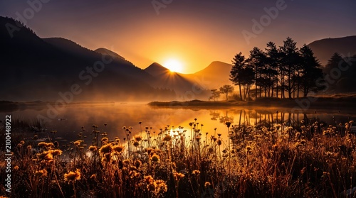 Breathtaking sunrise view of a rugged mountain valley at dawn, with warm light reflecting off a still forest lake with wildflowers.
