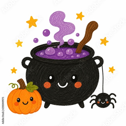 A cute Halloween-themed illustration featuring a bubbling cauldron, pumpkin, and friendly spider with stars.