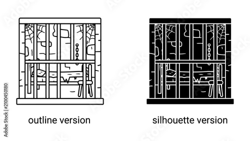 Bild auf Leinwand Two Versions of a Jail Cell: A comparative visual displaying both an outline and a silhouette version of a stark jail cell, complete with bars and minimal interior details