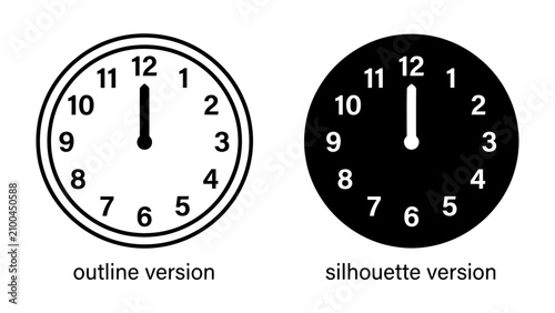 Fotografía Clock Face Comparison: A clear side-by-side comparison shows an outline version and a silhouette version of a classic analog clock face, both displaying twelve o'clock exactly