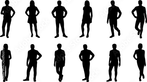 Collection of people silhouettes in various poses on white background