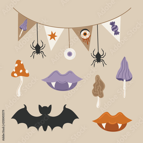 Hand-drawn Halloween decor, bunting flags party garland, poisonous mushrooms, vampire lips, bat for seasonal decor, packaging