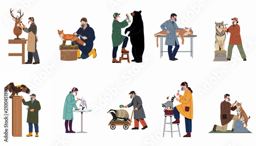 Cuadro en lienzo Set of flat illustrations featuring taxidermists working on various animals like bears, foxes, and birds while wearing protective masks and using tools
