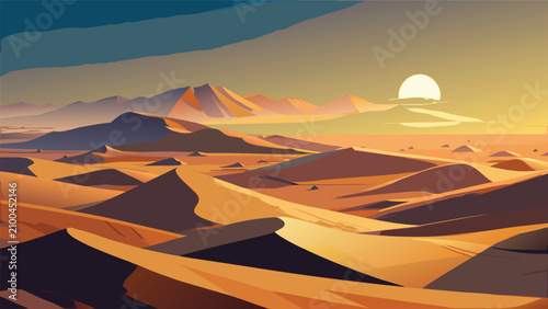 Konstfotografi Vast golden desert dunes at sunset under clear sky with golden hour landscape en