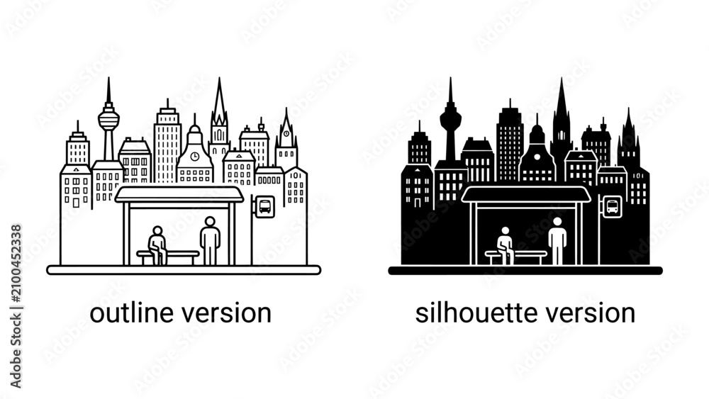 Fototapeta premium Cityscape Bus Stop Silhouette: A stark contrast between two artistic interpretations of a city bus stop scene, one an intricate outline, the other a bold silhouette.