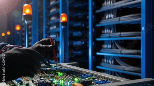 Technician testing an electronic circuit board with a multimeter. Close-up of an engineer performing diagnostics and repair. Technology maintenance and quality control concept