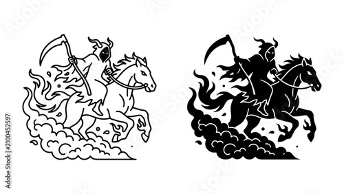 Foto Four Horsemen of the Apocalypse, Death on a Pale Horse: A stylized depiction of the Grim Reaper on horseback, brandishing a scythe amid flames and smoke, representing the end of times or a dark omen