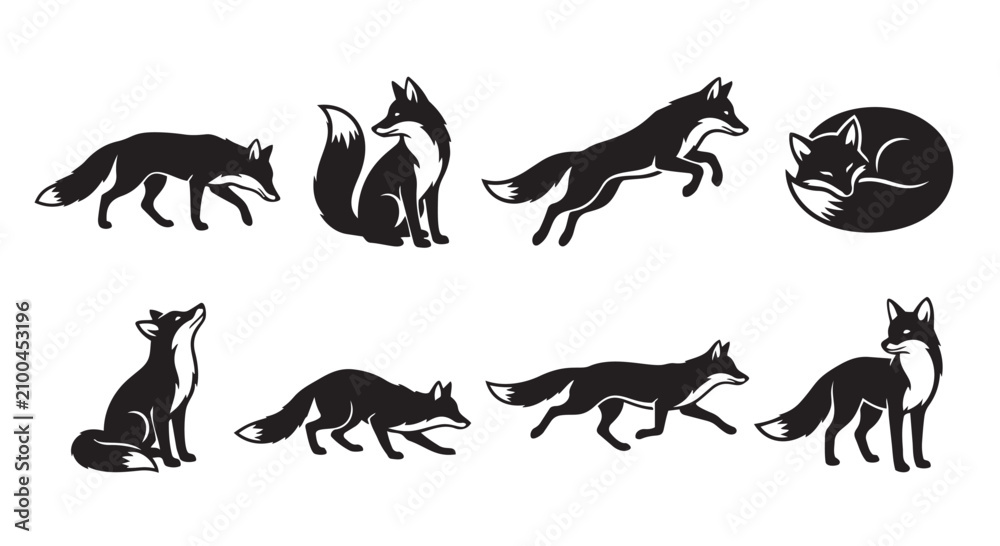 Obraz premium Collection of black fox silhouettes showcasing multiple postures and animal movements with silhouette