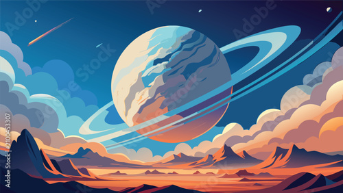 Foto Illustration of a ringed planet in a alien landscape with clouds and stars scien