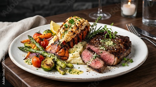 Grilled lamb chops with roasted vegetables on a plate. lobster tail and steak