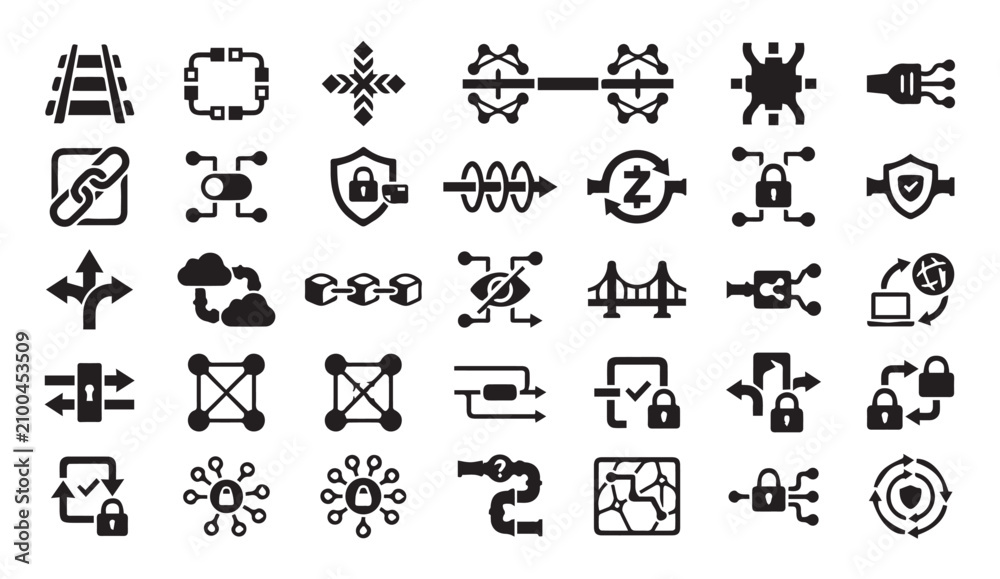 Fototapeta premium Set of black icons representing complex network and connectivity solutions